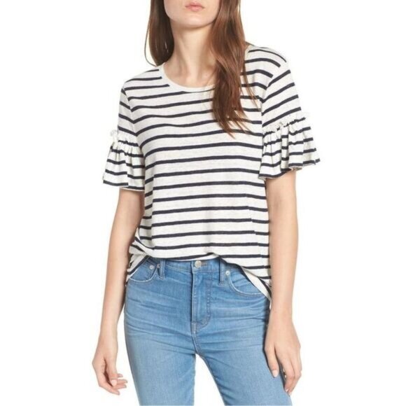 NWOT Philosophy Stripe Ruffle Sleeve Linen Tee Medium - Picture 1 of 5